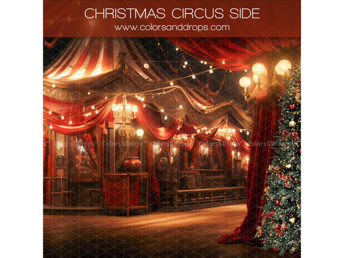 Fondo fotográfico lateral Christmas Circus Side – circo navideño con cortinas rojas y abeto iluminado | Colors&Drops