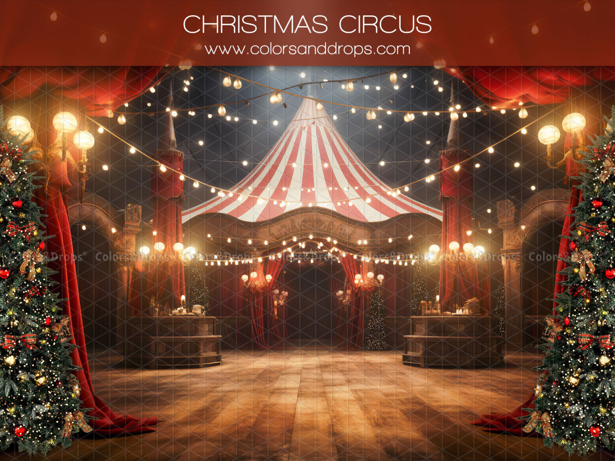 Fond photo Christmas Circus – piste de cirque de Noël avec chapiteau et guirlandes | Colors&Drops