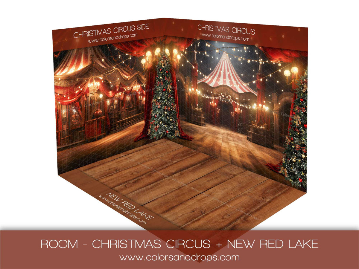 Corner photo backdrop Christmas Circus + New Red Lake – Christmas circus room set with wooden floor | Colors&Drops