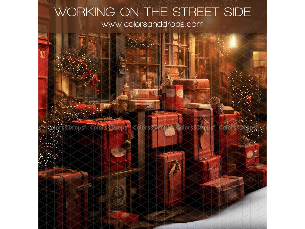 Christmas side photo backdrop Working on the Street Side – Santa's workshop with stacks of red gifts | Colors&Drops