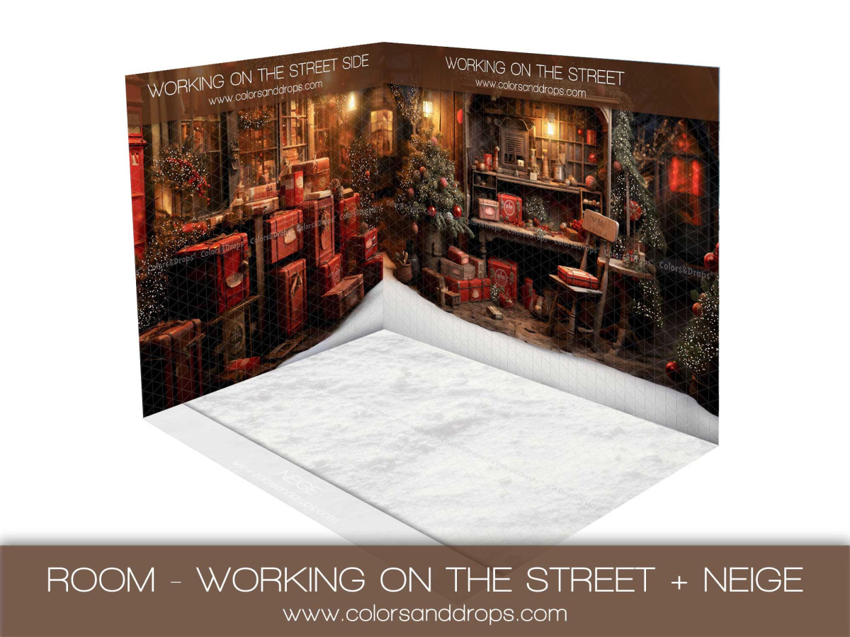 Christmas corner photo backdrop Working on the Street + Neige – Santa's workshop room set with snowy floor | Colors&Drops