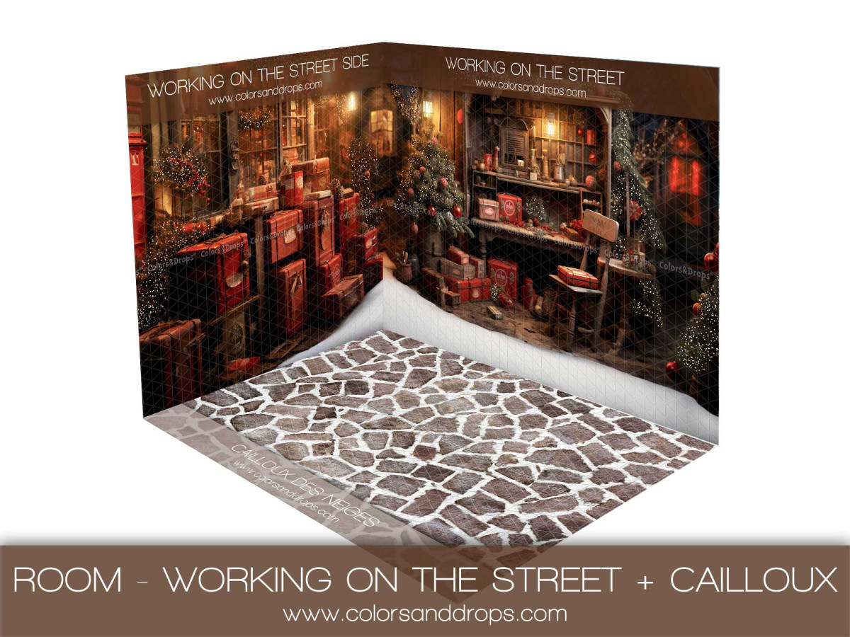 Christmas corner photo backdrop Working on the Street + Cailloux des Neiges – Santa's workshop room set with | Colors&Drops
