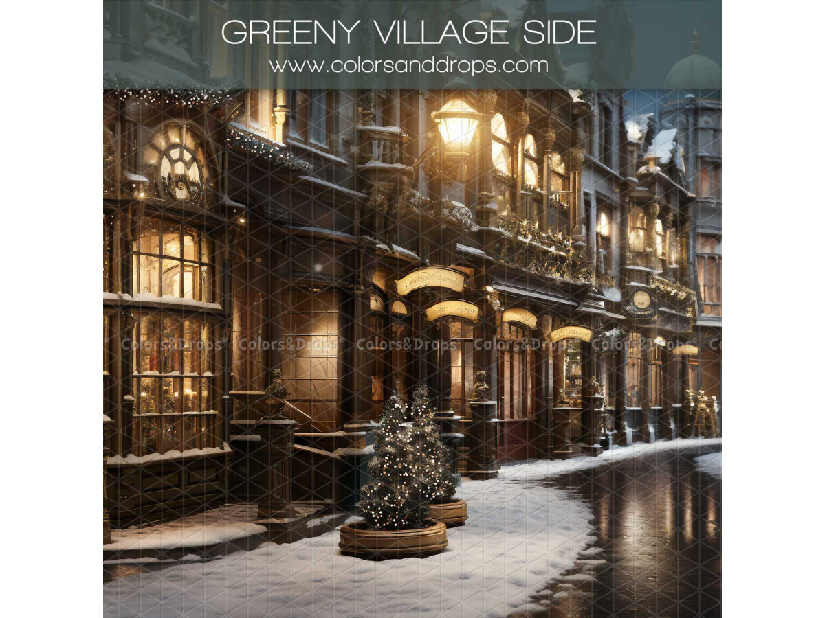 Christmas side photo backdrop Greeny Village Side – snowy village street with lit green facades | Colors&Drops