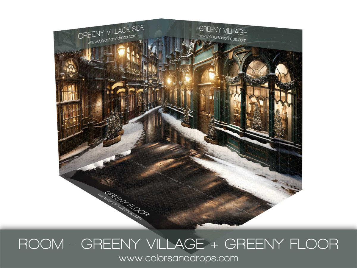 Christmas corner photo backdrop Greeny Village + Greeny Floor – green Christmas village room set with wet street | Colors&Drops