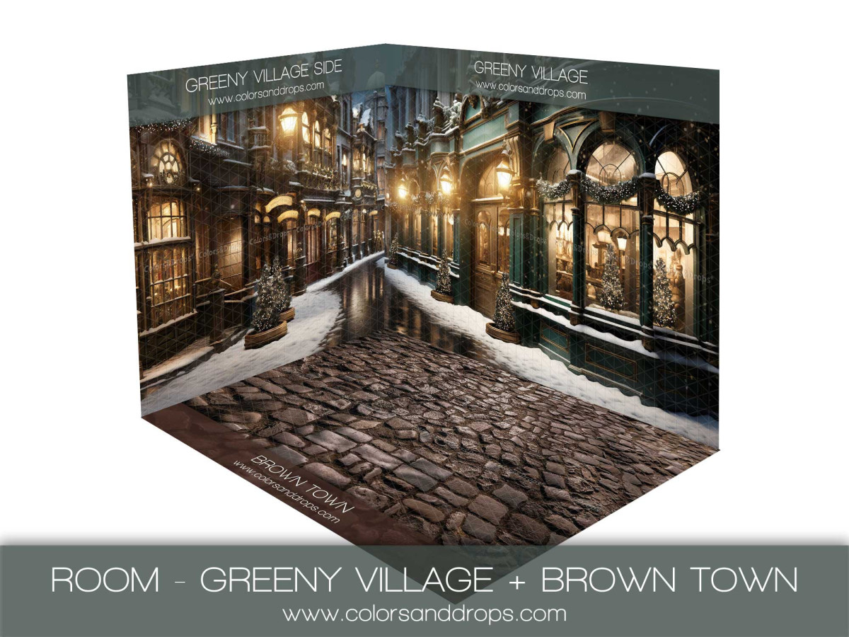 Christmas corner photo backdrop Greeny Village + Brown Town – green Christmas village room set with brown | Colors&Drops