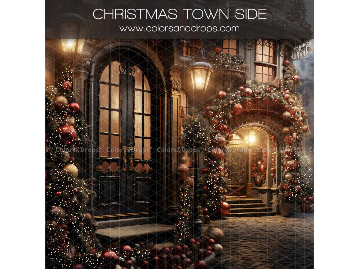 Fondo fotográfico lateral Christmas Town Side – puerta navideña arqueada con guirnaldas y farol | Colors&Drops