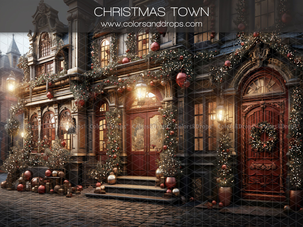 Photo backdrop Christmas Town – Christmas town facade with red doors and wreaths | Colors&Drops