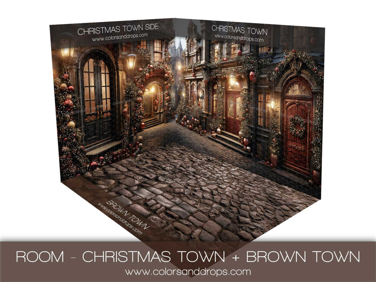 Corner photo backdrop Christmas Town + Brown Town – Christmas town room set with brown cobbled floor | Colors&Drops
