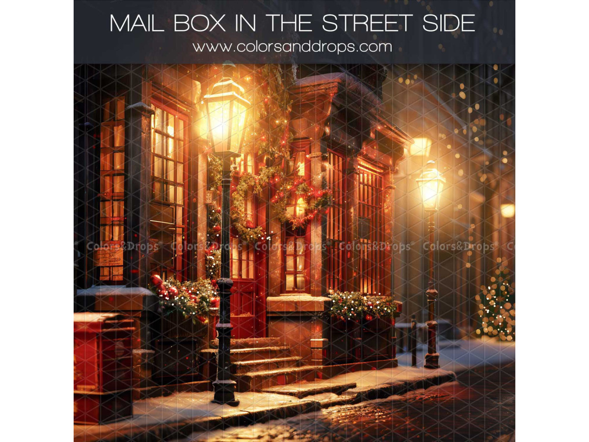 Christmas side photo backdrop Mail Box in the Street Side – Christmas street with lamp post and lit red facade | Colors&Drops