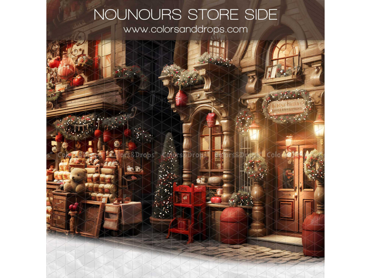 Fondo fotográfico lateral de Navidad Nounours Store Side – fachada de juguetería navideña con regalos | Colors&Drops