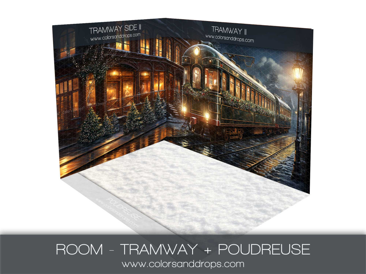 Christmas corner photo backdrop Tramway II – Christmas tram room set with powder snow floor | Colors&Drops