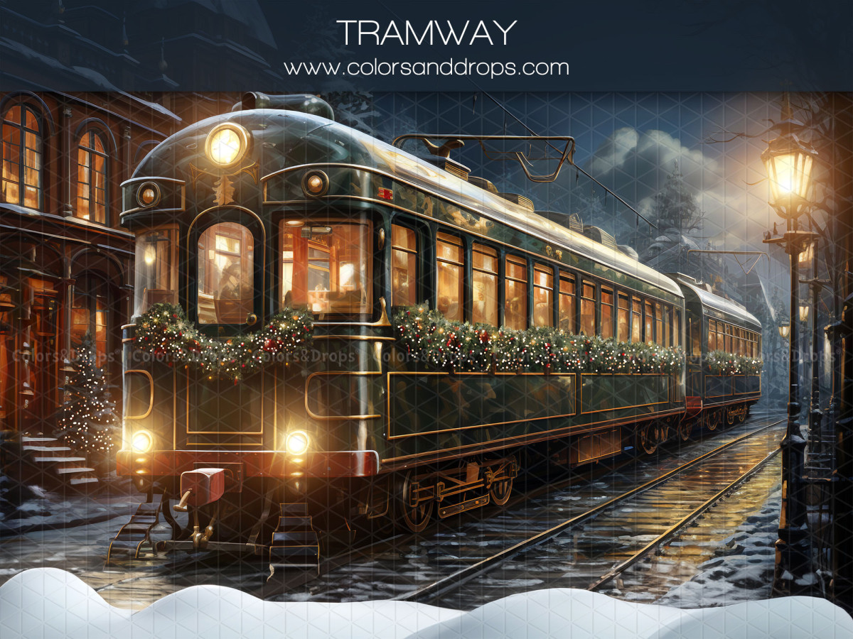 Christmas photo backdrop Tramway – old Christmas tram in a snowy street | Colors&Drops