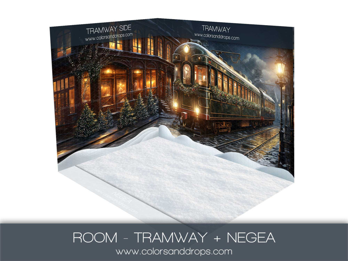 Fond photo d'angle de Noël Tramway + Negea – tramway de Noël avec sol enneigé | Colors&Drops