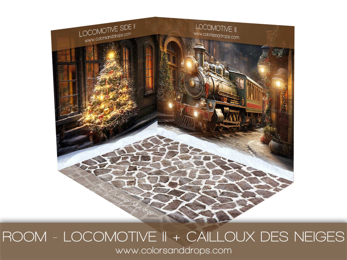 Christmas corner photo backdrop Locomotive II + Cailloux des Neiges – Christmas locomotive and tree room set | Colors&Drops