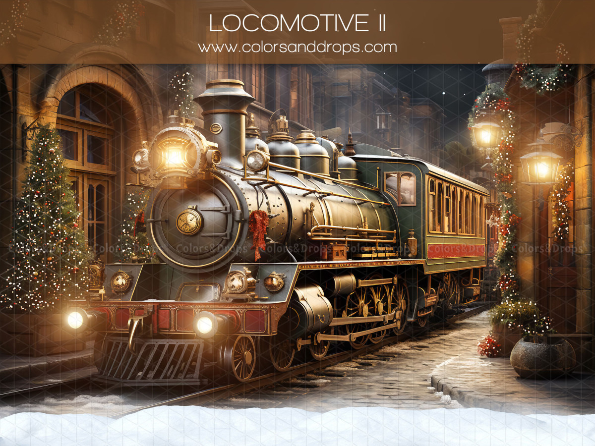 Fondo fotográfico de Navidad Locomotive II – locomotora de vapor navideña en estación de noche | Colors&Drops