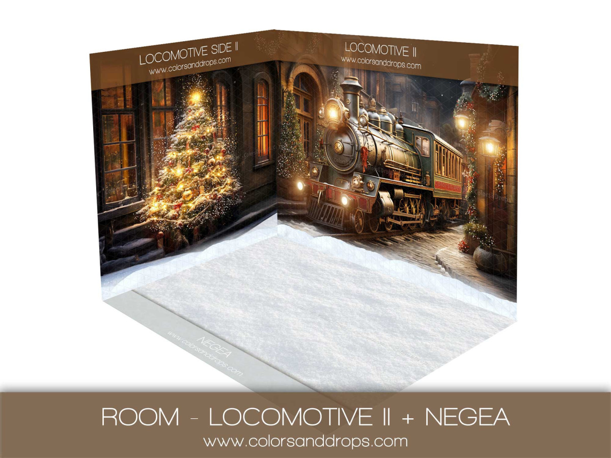 Fondo fotográfico de esquina de Navidad Locomotive II + Negea – conjunto de locomotora navideña y abeto con | Colors&Drops