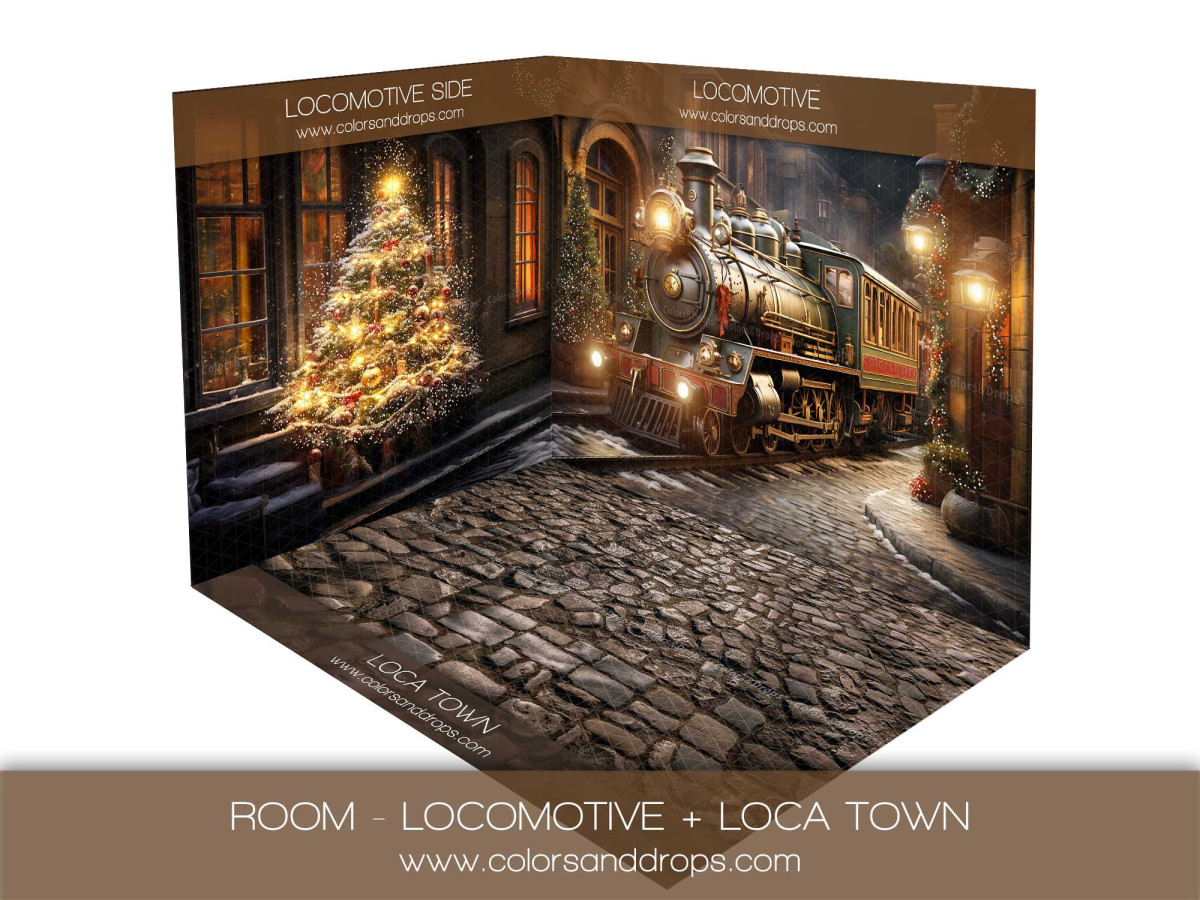 Fondo fotográfico de esquina de Navidad Locomotive + Loca Town – conjunto de locomotora navideña con suelo | Colors&Drops