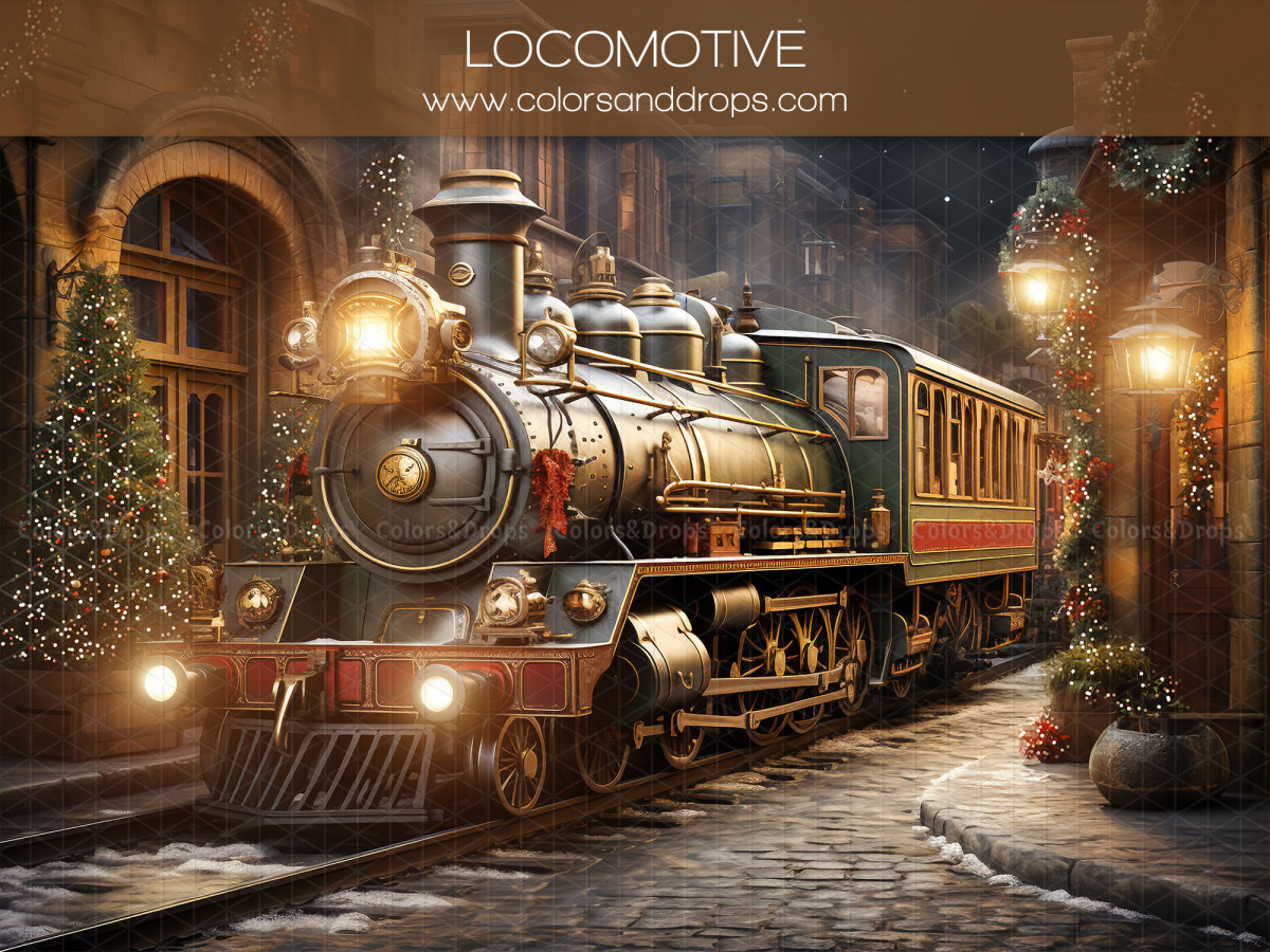 Fond photo d'angle de Noël Locomotive + Loca Town – locomotive de Noël avec sol pavé | Colors&Drops
