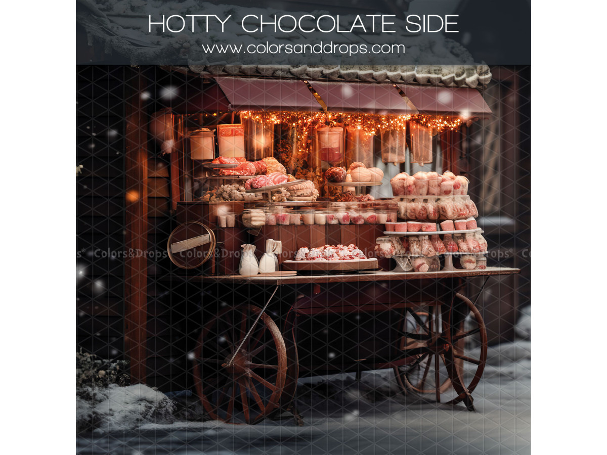 Christmas side photo backdrop Hotty Chocolate Side – Christmas pastry cart in front of a shop | Colors&Drops