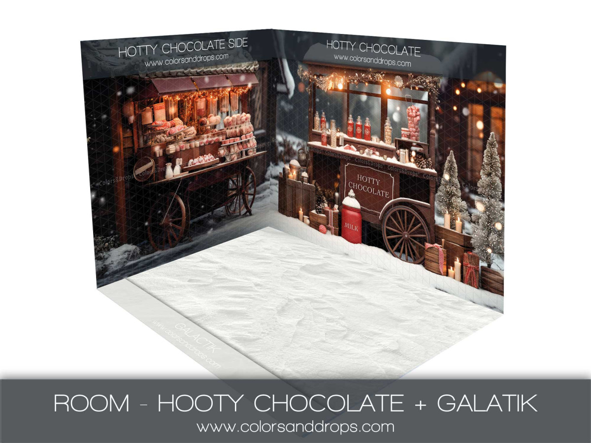 Fond photo d'angle de Noël Hotty Chocolate – stand de chocolat chaud avec sol enneigé | Colors&Drops