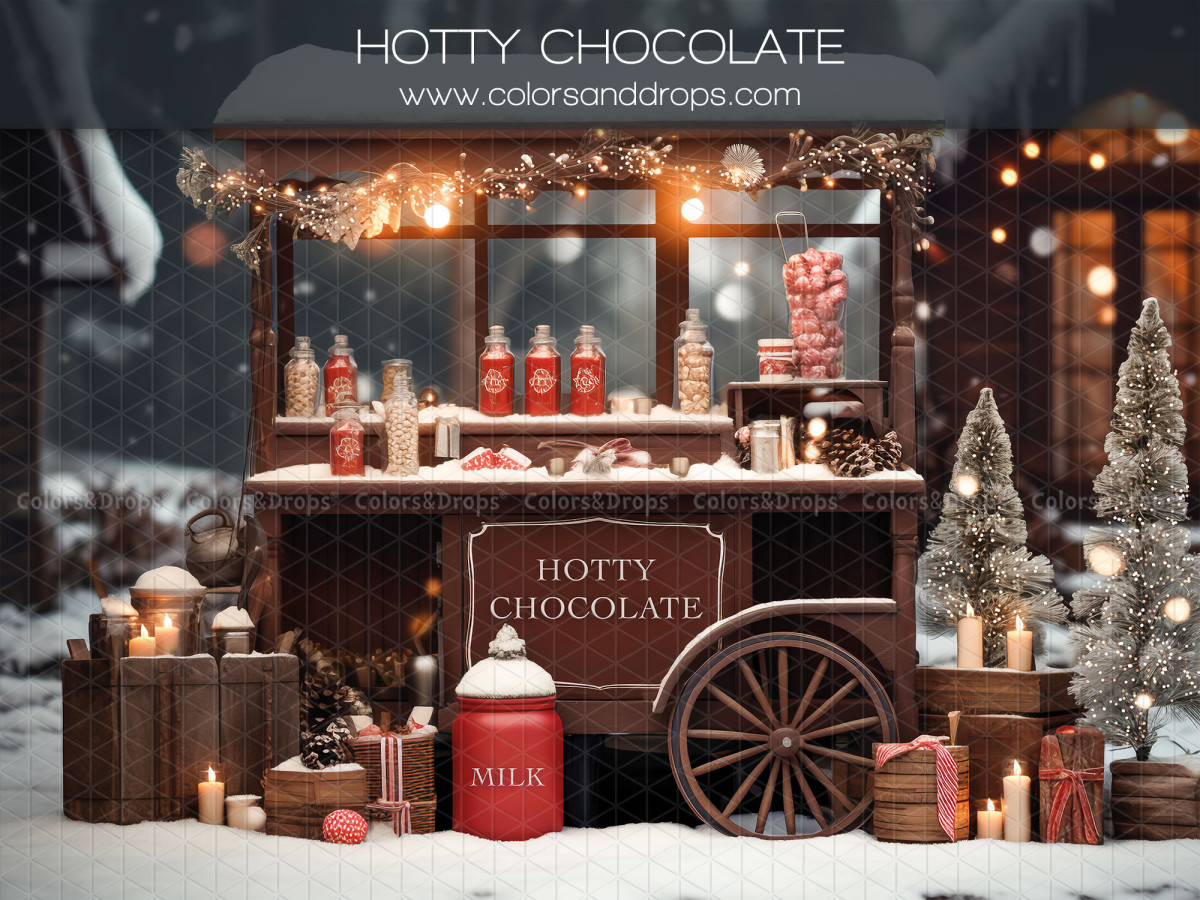 Fond photo d'angle de Noël Hotty Chocolate – stand de chocolat chaud avec sol enneigé | Colors&Drops