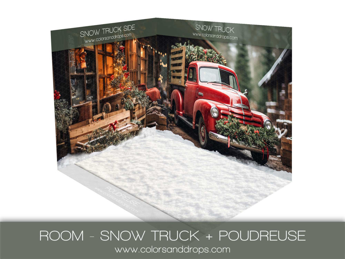 Fond photo d'angle de Noël Snow Truck + Poudreuse – pick-up rouge de Noël avec sol de neige | Colors&Drops