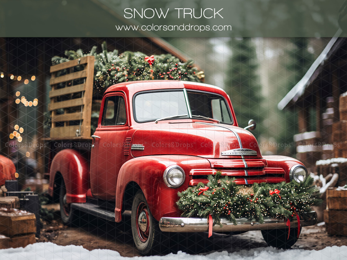 Fond photo d'angle de Noël Snow Truck + Poudreuse – pick-up rouge de Noël avec sol de neige | Colors&Drops