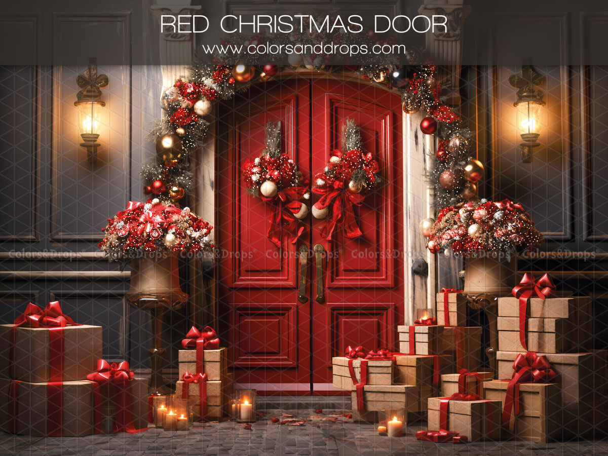 Fondo fotográfico Red Christmas Door – puerta roja navideña con coronas, faroles y regalos | Colors&Drops