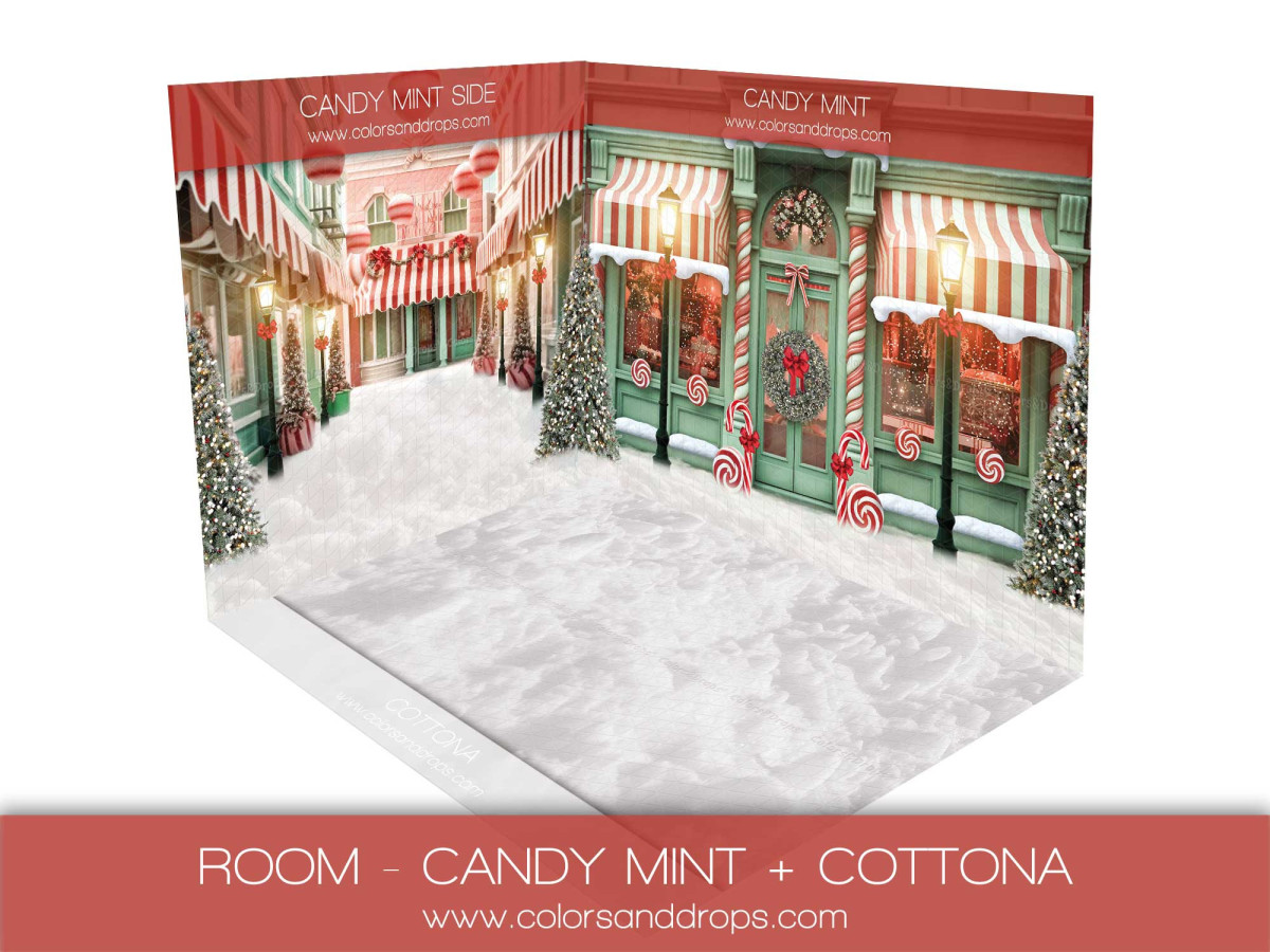 Fondo fotográfico de esquina de Navidad Candy Mint + Cottona – conjunto de tienda de golosinas navideña con | Colors&Drops
