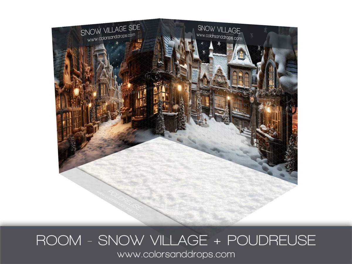 Fond photo d'angle de Noël Snow Village + Poudreuse – village enneigé avec sol de neige poudreuse | Colors&Drops