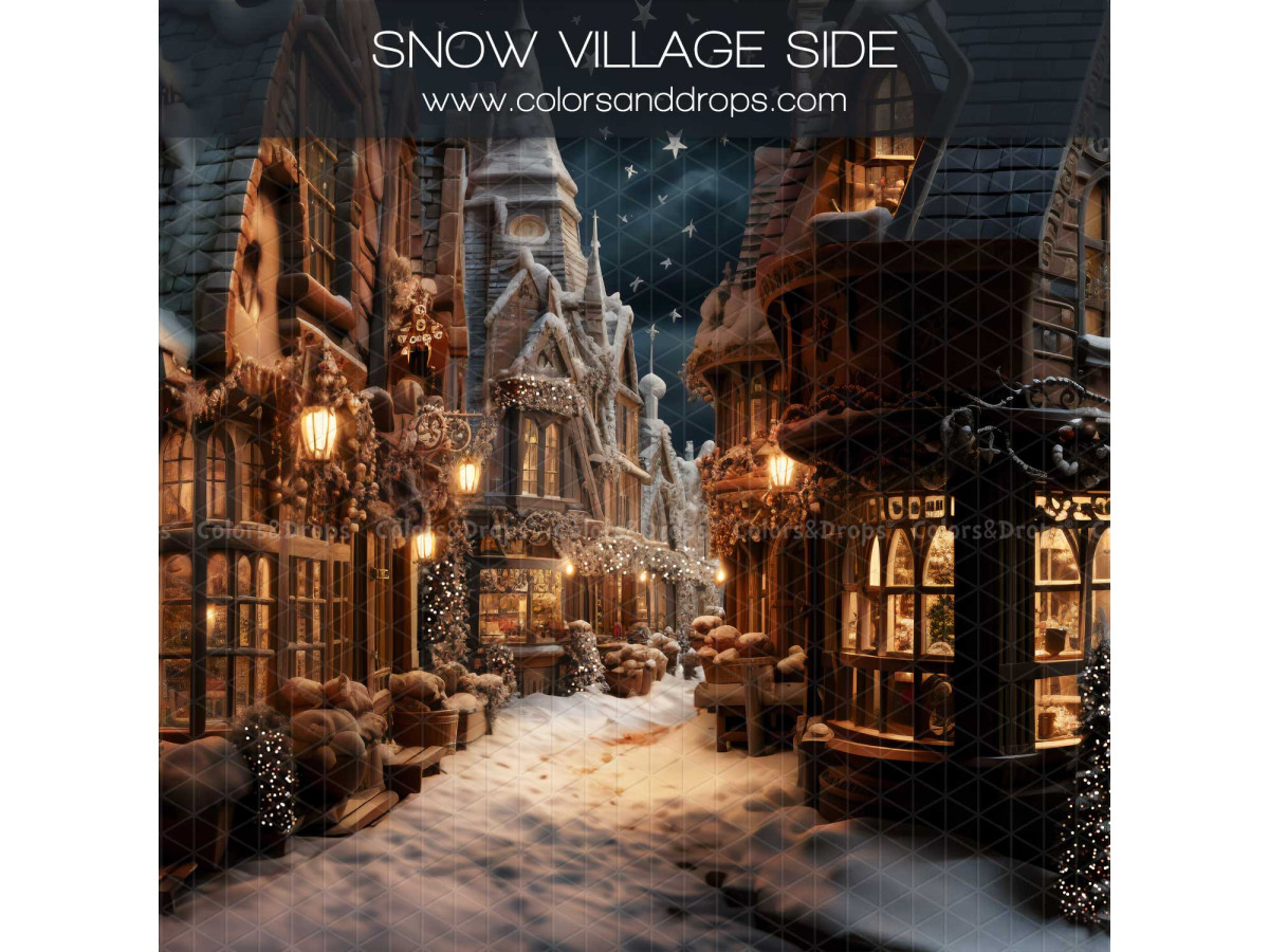 Fond photo latéral de Noël Snow Village Side – ruelle de village de Noël enneigée la nuit | Colors&Drops
