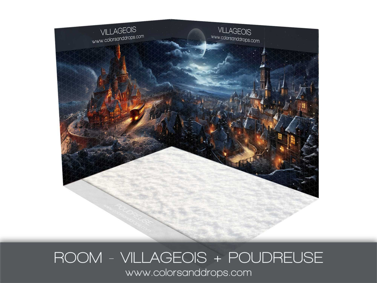 Fond photo d'angle de Noël Villageois + Poudreuse – village de nuit sous la lune avec sol de neige | Colors&Drops
