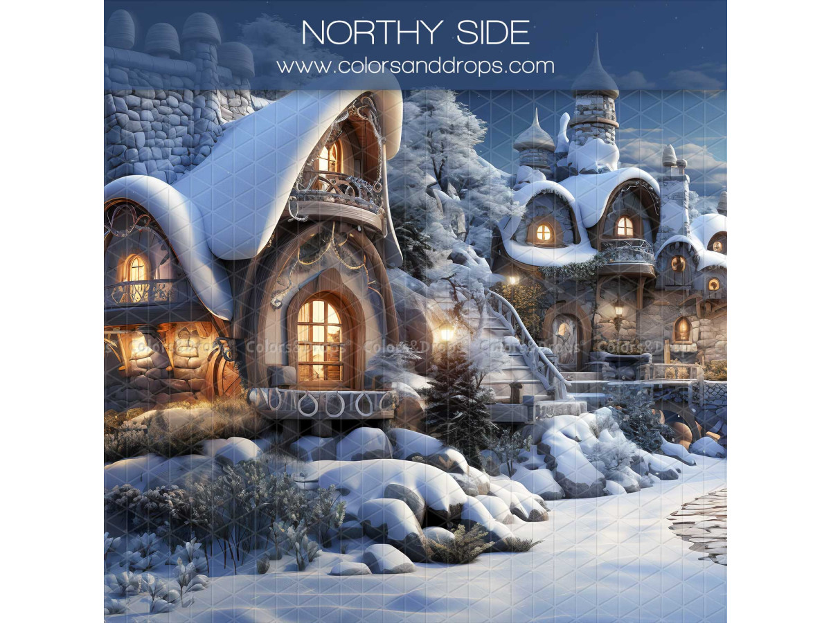 Fond photo latéral de Noël Norty Side – chalets enneigés féeriques illuminés en hiver | Colors&Drops