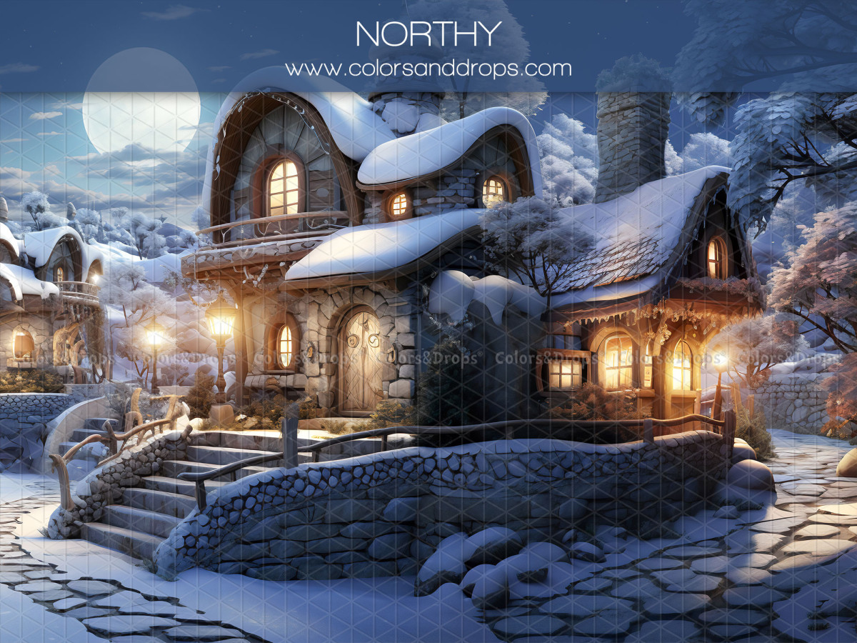 Fondo fotográfico de Navidad Norty – chalet nevado de cuento con escalera de piedra a la luz de la luna | Colors&Drops