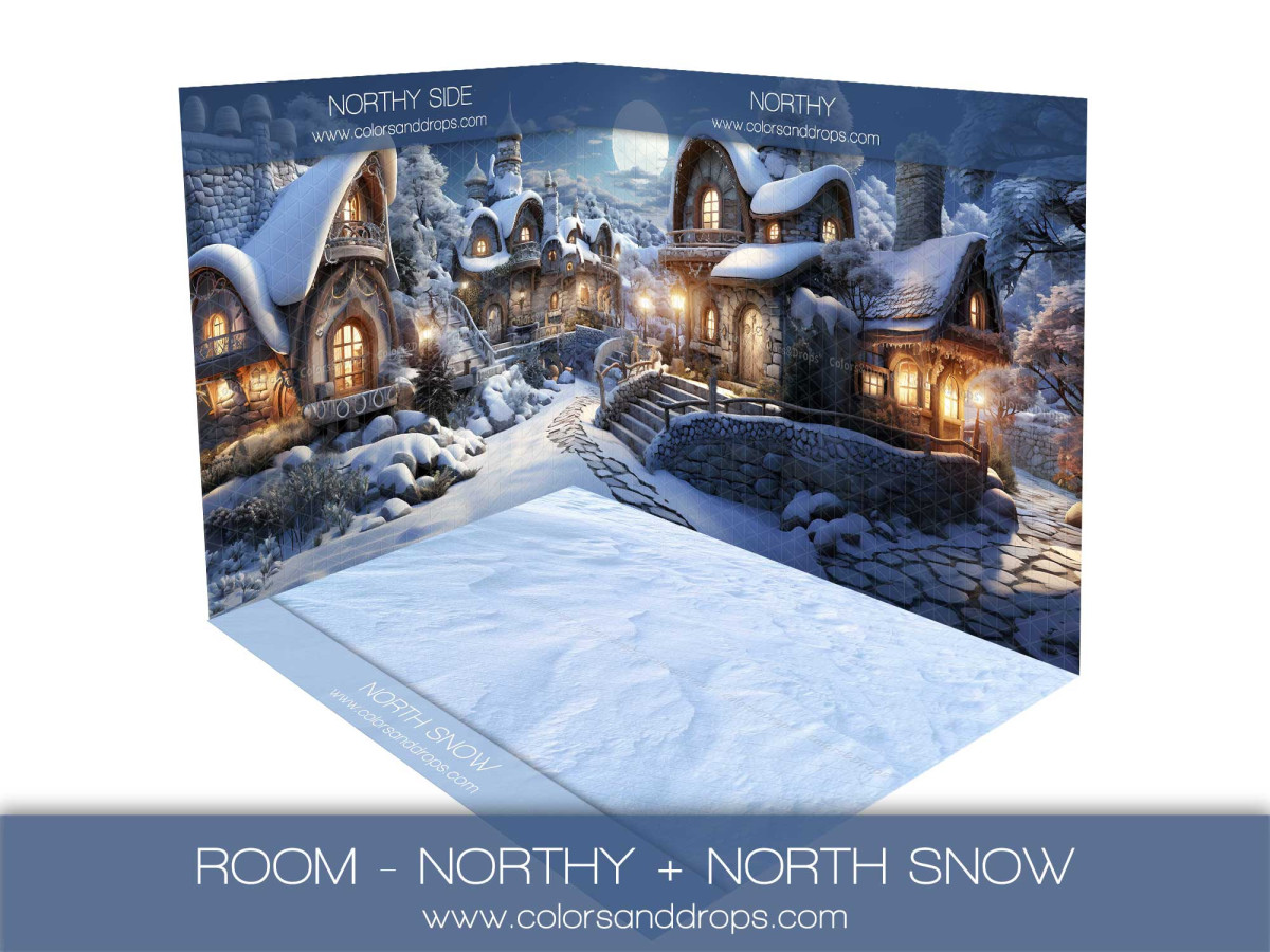 Fond photo d'angle de Noël Norty + North Snow – chalets enneigés avec sol de neige bleutée | Colors&Drops