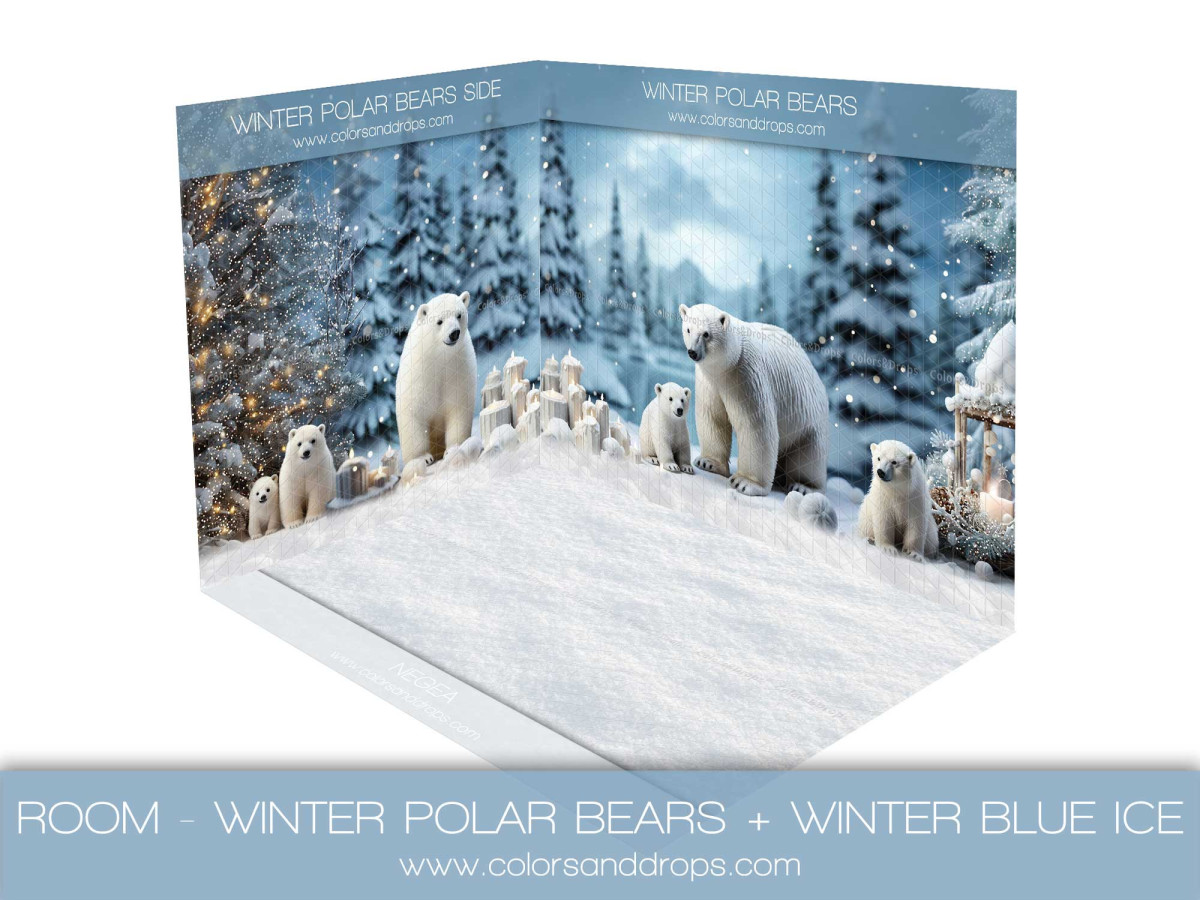Christmas corner photo backdrop Winter Polar Bears + Negea – polar bears in snowy forest room set with ice floor | Colors&Drops