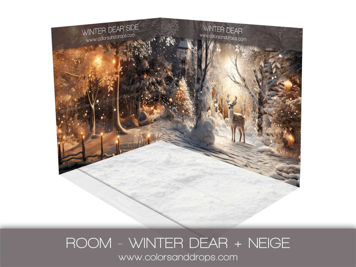 Fond photo d'angle de Noël Winter Dear + Neige – forêt d'hiver avec cerf et sol enneigé | Colors&Drops