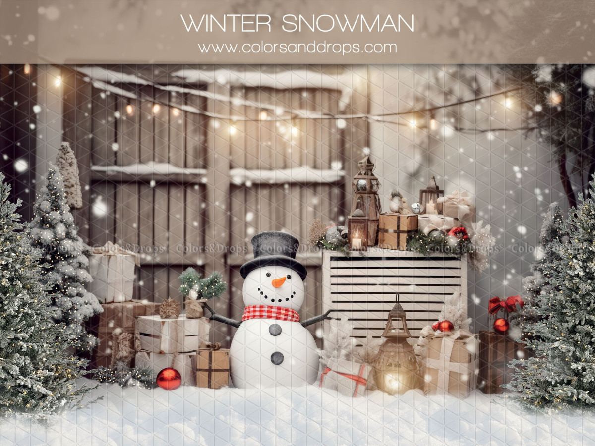 Christmas photo backdrop Winter Snowman – snowman in front of a wooden barn with gifts | Colors&Drops