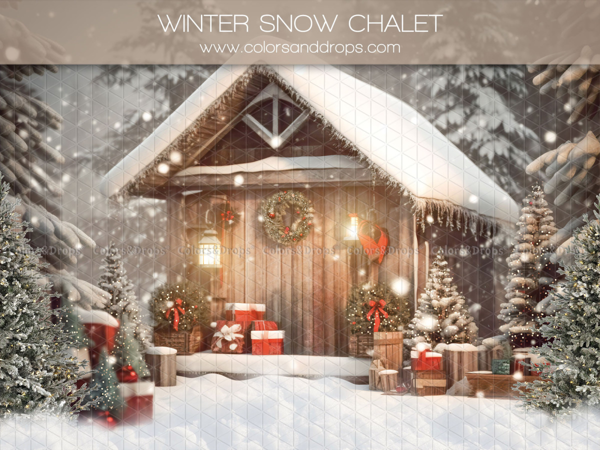 Christmas photo backdrop Winter Snow Chalet – snowy wooden chalet with wreath and gifts | Colors&Drops