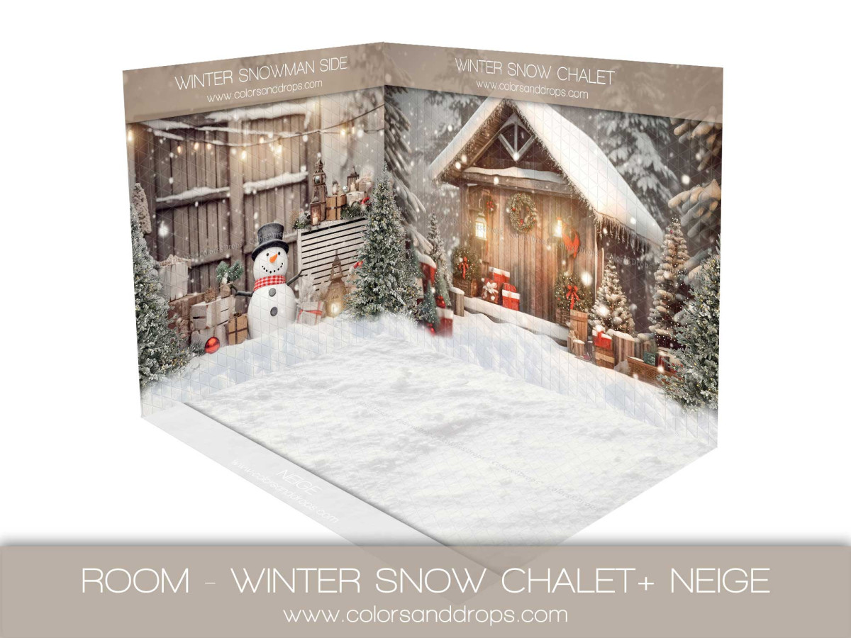 Fond photo d'angle de Noël Winter Snow Chalet + Neige – chalet et bonhomme de neige avec sol enneigé | Colors&Drops