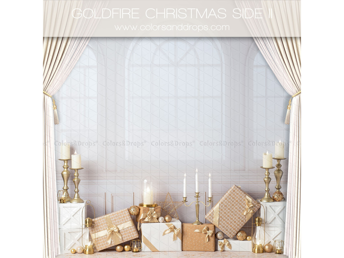 Fond photo latéral Gold Fire Christmas Side II – salon blanc avec fenêtres, rideaux, chandeliers et cadeaux | Colors&Drops