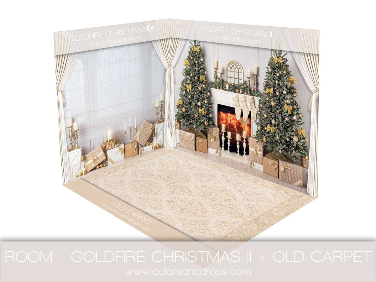 Fond photo d'angle Gold Fire Christmas II + Old Carpet – salon de Noël blanc avec tapis ancien | Colors&Drops