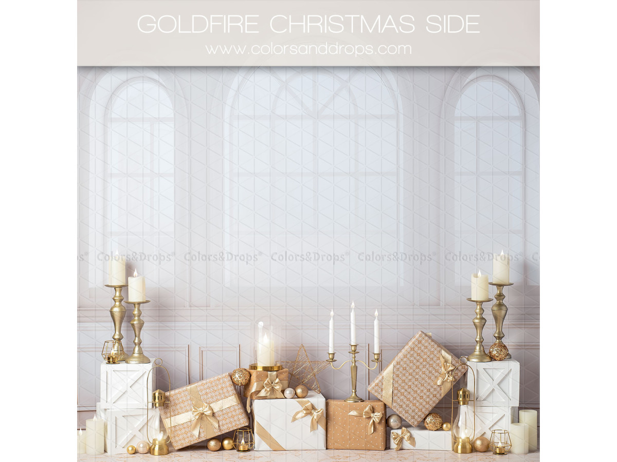 Side photo backdrop Gold Fire Christmas Side – white room with arched windows, candles and gifts | Colors&Drops