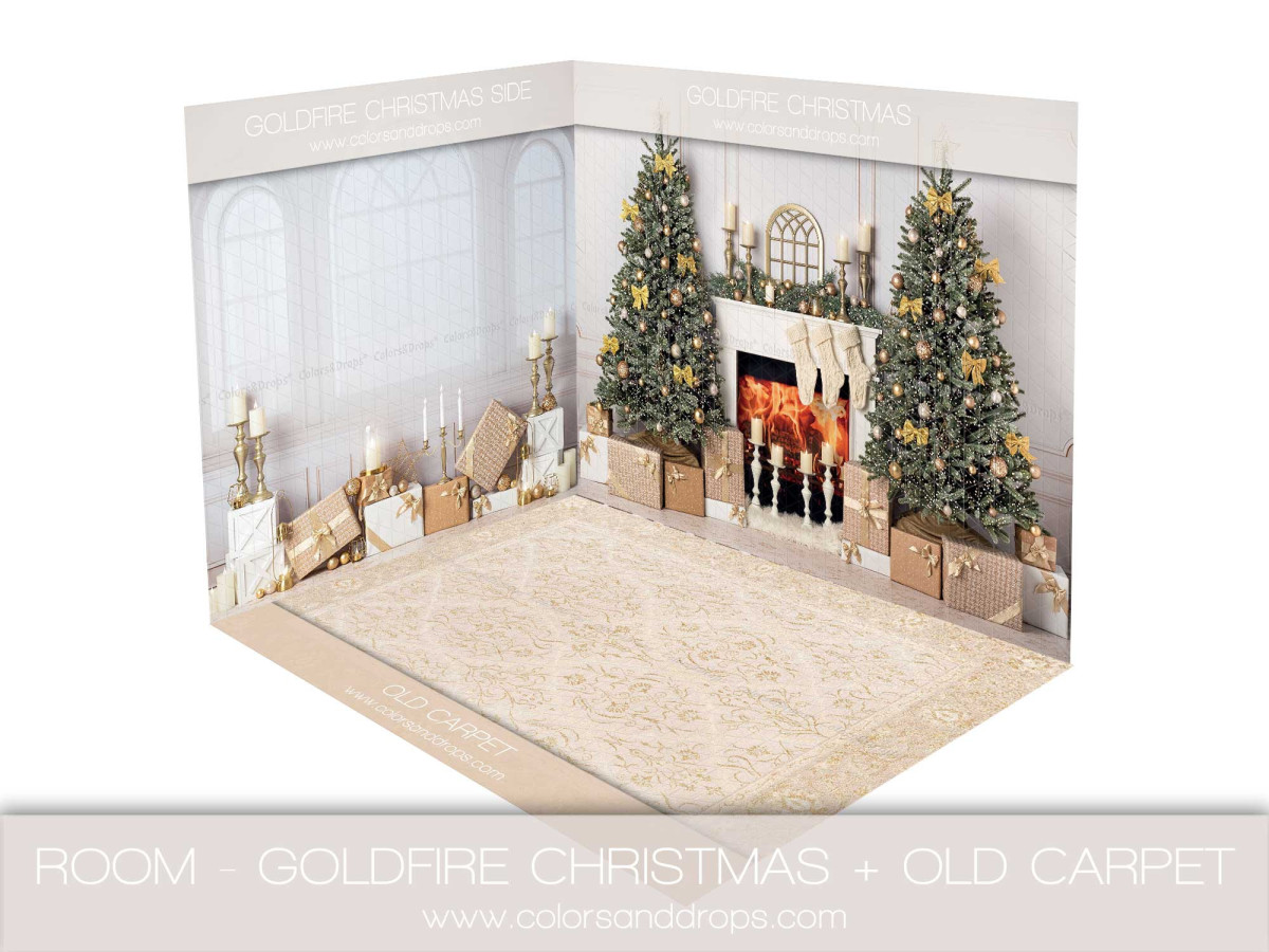 Fond photo d'angle Gold Fire Christmas + Old Carpet – cheminée blanche de Noël avec tapis crème | Colors&Drops