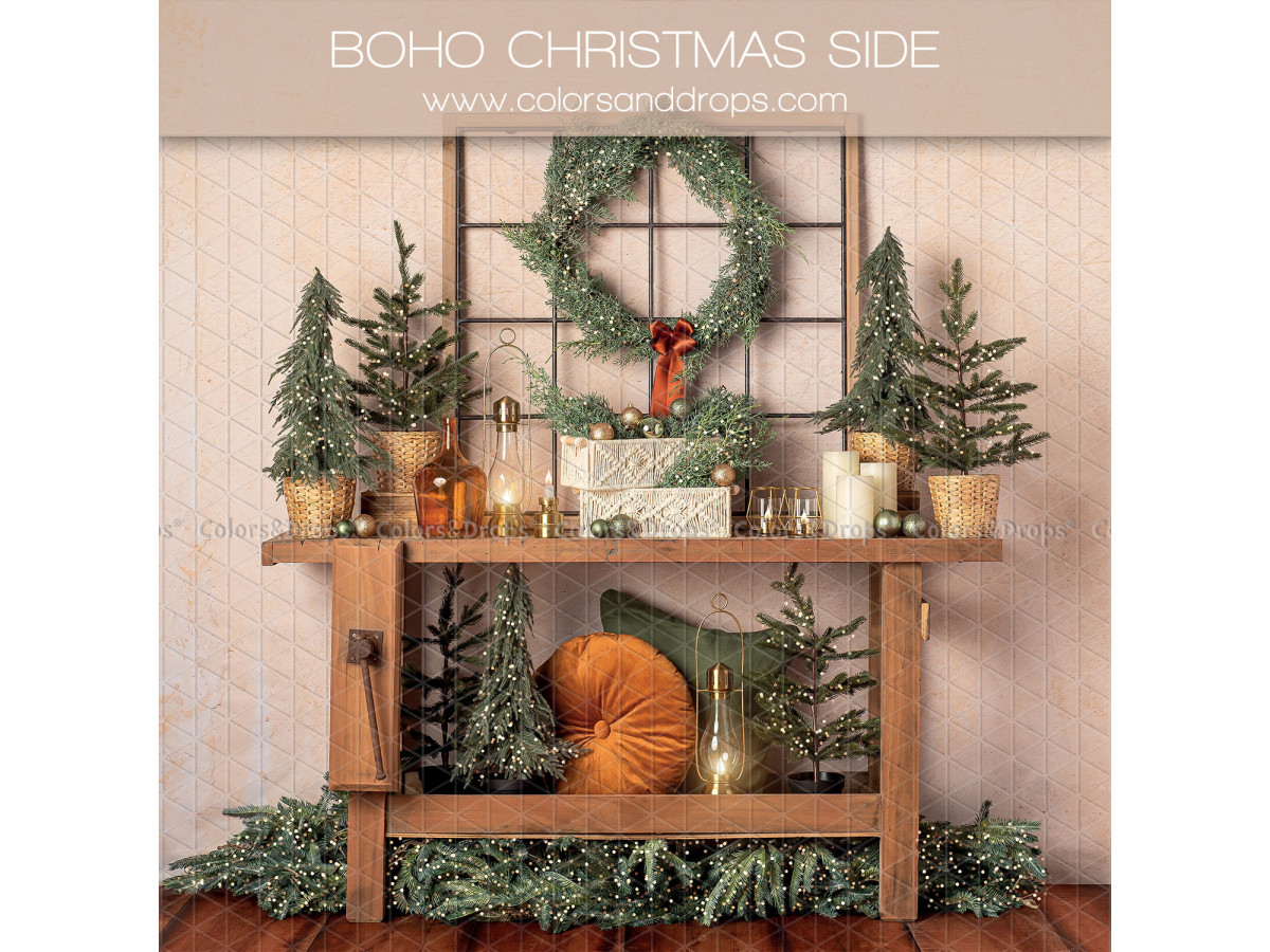 Side photo backdrop Boho Christmas Side – wooden console with wreath and mini fir trees | Colors&Drops