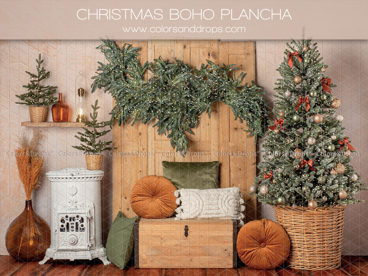 Fond photo Christmas Boho Plancha – décor de Noël bohème avec poêle blanc, guirlande et sapin | Colors&Drops