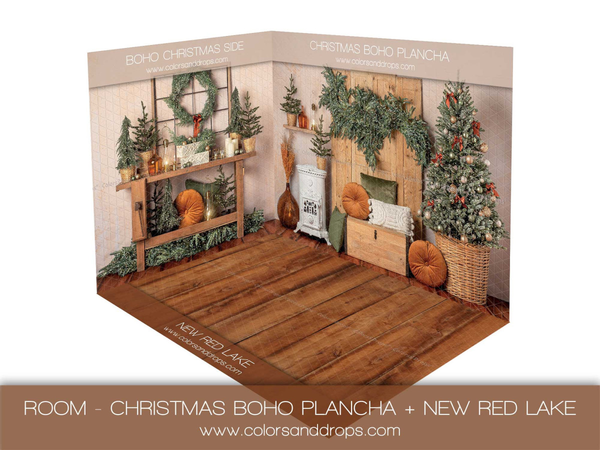 Fondo fotográfico de esquina Boho Christmas Plancha + New Red Lake – conjunto navideño bohemio con suelo de | Colors&Drops