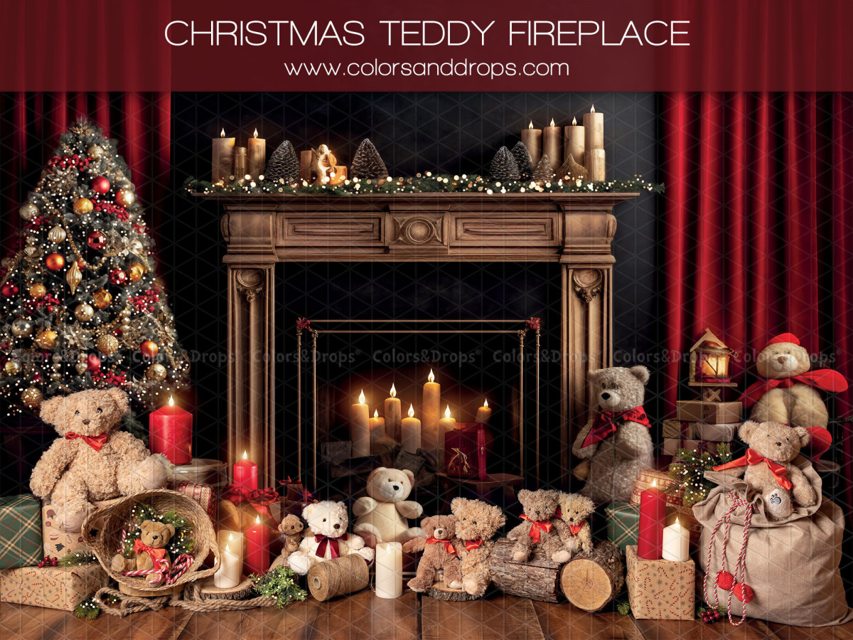 Photo backdrop Christmas Teddy Fire Place – Christmas fireplace with teddy bears, candles and red curtains | Colors&Drops