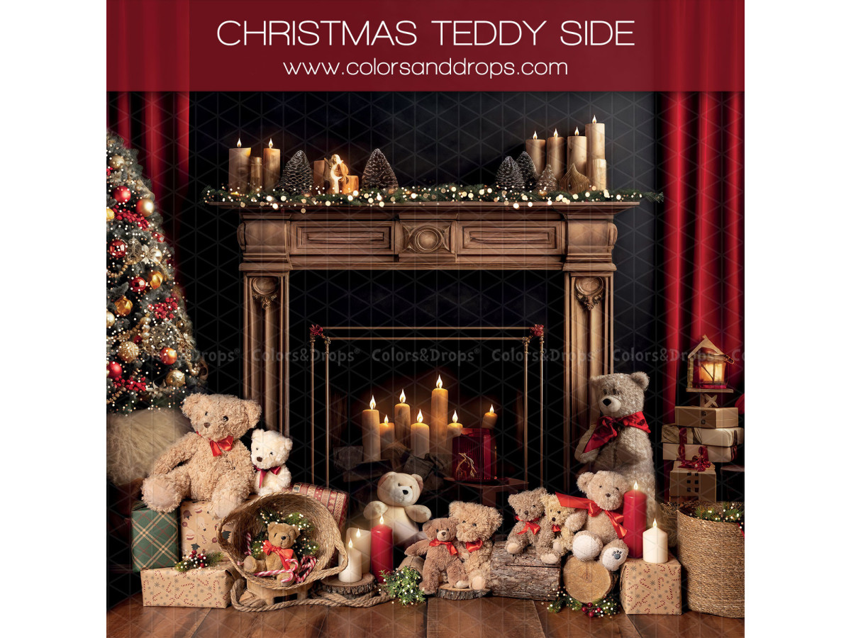 Side photo backdrop Christmas Teddy Side – Christmas fireplace with teddy bears and candles | Colors&Drops