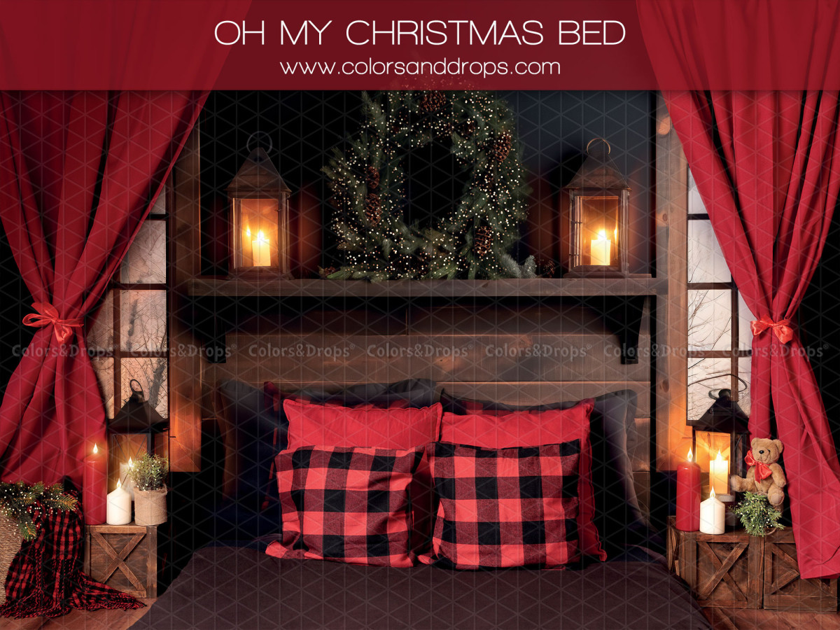 Fondo fotográfico Oh My Christmas Bed – cama navideña con cojines de cuadros rojos y corona | Colors&Drops